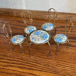 Miniature Gold and Blue Floral Dollhouse Furniture Set